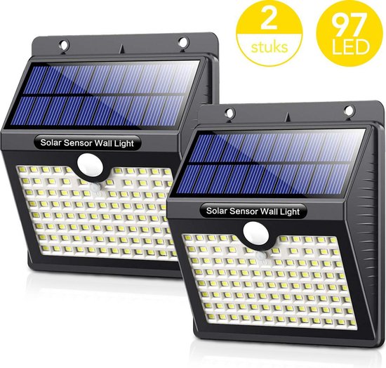 LifeGoods Solar Buitenlamp met Bewegingssensor - 97 LEDs - Wit Licht -Tuinverlichting op Zonneenergie - IP65 Waterdicht - Voor Tuin/Wand/Oprit - 2 Stuks