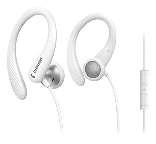 Philips A1105WT/00 Sport Hoofdtelefoon met Microfoon (In-Ear, Flexibel Oorhaakjes, Basopeningen, IPX2 Zweetbestendig, Stevige Pasvorm, Afstandsbediening in Het Snoer) Wit - 2020/2021 Model