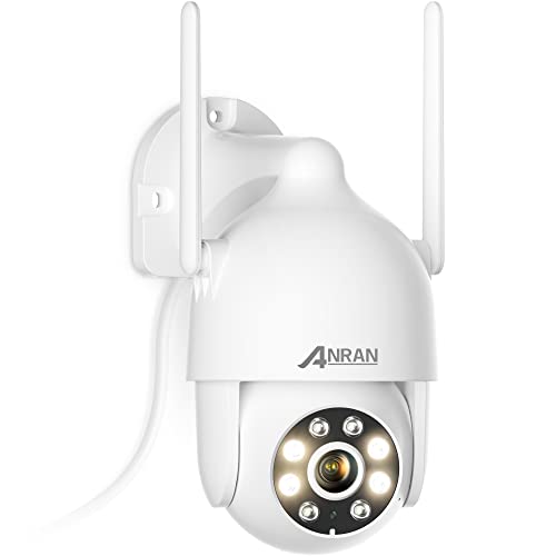 ANRAN Dome Bewakingscamera voor buiten, wifi, 360 graden draaibare 1080p IP-camera met schijnwerper en alarm, 2MP HD nachtzicht, intercomfunctie, bewegingsdetectie, 2,4 GHz wifi, P2 wit