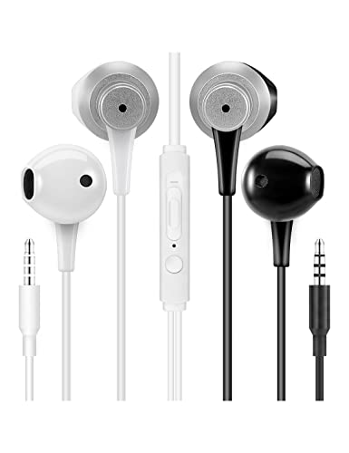 【2 Pack Zwart+Wit】MAS CARNEY WH5 Semi In-Ear Hoofdtelefoon met Microfoon, Compatibel met MP3/MP4, iPad, iPod, Huawei, Samsung Galaxy, Computers, Laptops en alle 3.5mm koptelefoon apparaten