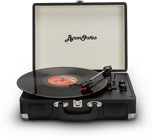 Byron Statics Vinyl draaitafel, draaisnelheden van 33/45/78 omw/min Bluetooth platenspeler, interne luidspreker, reservenaald, RCA-Line-Out, AUX-ingang, vintage koffer (zwart)