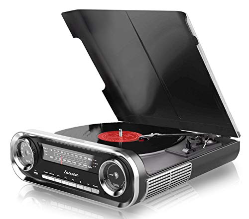 Lauson 01TT16 Vinyl Platenspeler Retro | Vintage Turntable Muscle Car-design met 2 Geïntegreerde 3W Stereoluidsprekers | Vinyl Record Player met met FM-radio en Bluetooth-functie, USB, AUX-IN, Digital Encoder | 3 Snelheden (33, 45, 78) (Zwart)