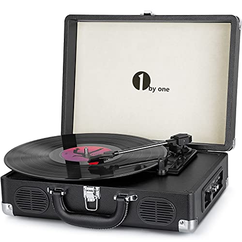 1 BY ONE Vintage Bluetooth platenspeler met 3 snelheden en geïntegreerde luidsprekers, RCA-uitgang, hoofdtelefoon, MP3, muziekweergave van mobiele telefoons, zwart