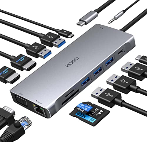 USB C Docking Station Dual Monitor, 14 in 1 USB C Laptop Docking Station USB Type C Hub Multiport Adapter Dongle met 2 HDMI VGA PD 5 USB SD/TF Audio voor Lenovo Thinkpad/Dell/HP/Surface Pro Laptops