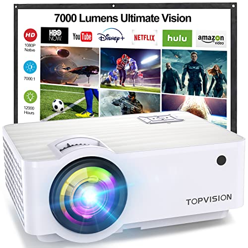 TOPVISION Mini Beamer, Native 1080P Home Cinema Beamer Ondersteunt 1080P Full HD, 7000 Lumen Video Beamer met 300'' Display, 120000 uur LED Projector Compatibel met HDMI/USB/SD/AV/VGA