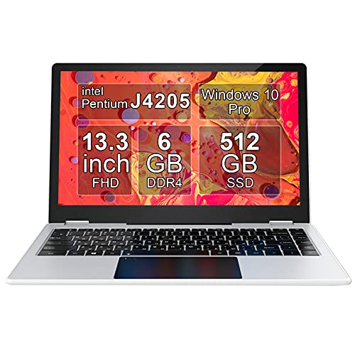13,3 inch laptop touchscreen 1920 x 1080 FHD opvouwbare computer AWOW notebook Intel Celeron J4205 Windows 10 Pro 6 GB DDR4 512G SSD met Engels toetsenbord, IPX5 waterdicht zilver