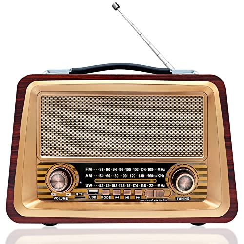 Retro radio, wereldontvanger, FM AM SW, nostalgische radio met bluetooth-luidspreker, keukenradio, op batterijen, klein, draagbare radio voor senioren, douche-radio, USB/SD/TF, kofferradio, kantoor, badkamer, rood hout