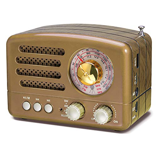 PRUNUS J-160 AM/FM/SW retro radio met Bluetooth, nostalgische radio, klein met 1800 mAh oplaadbare batterij, kleine radio wereldontvanger, radio ondersteunt USB/TF/AUX-functie. (goud)