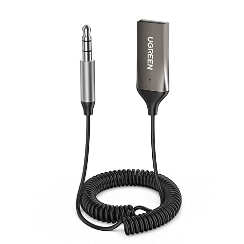 UGREEN Bluetooth Adapter 5.0 Auto Ontvanger met 3,5 mm AUX Aansluiting en USB Voedingspoort Draadloze Bluetooth Receiver met Ingebouwde Microfoon en Lange Kabel voor Phones PCs Luidspreker Versterkers